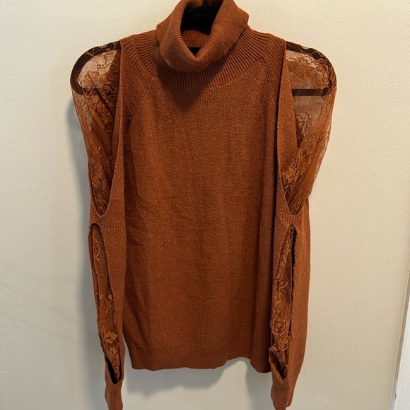 Buckle Sweaters - Elegant Brown Turtleneck Sweater with Lace Sleeves